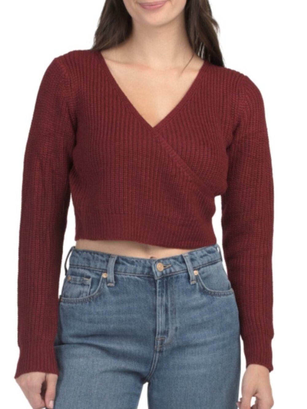 NWT VENTI Rib Faux Wrap Burgundy Crop V Neck Sweater